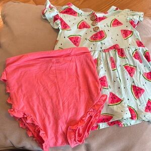 Posh Peanut Watermelon Print Baby Dress with Pink Ruffle Bloomers